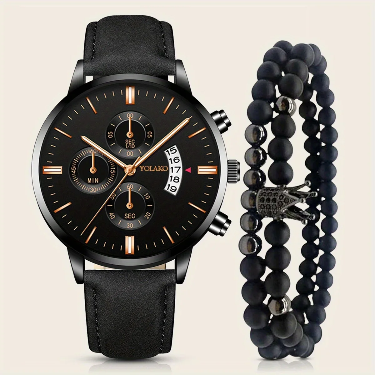 3 ชิ้นแฟชั่นธุรกิจหน้าปัดขนาดใหญ่ผู้ชายอเนกประสงค์ปฏิทินเข็มขัดนาฬิกาควอทซ์สีดําเคลือบ Rhinestone มงกุฎลูกปัดสตริง