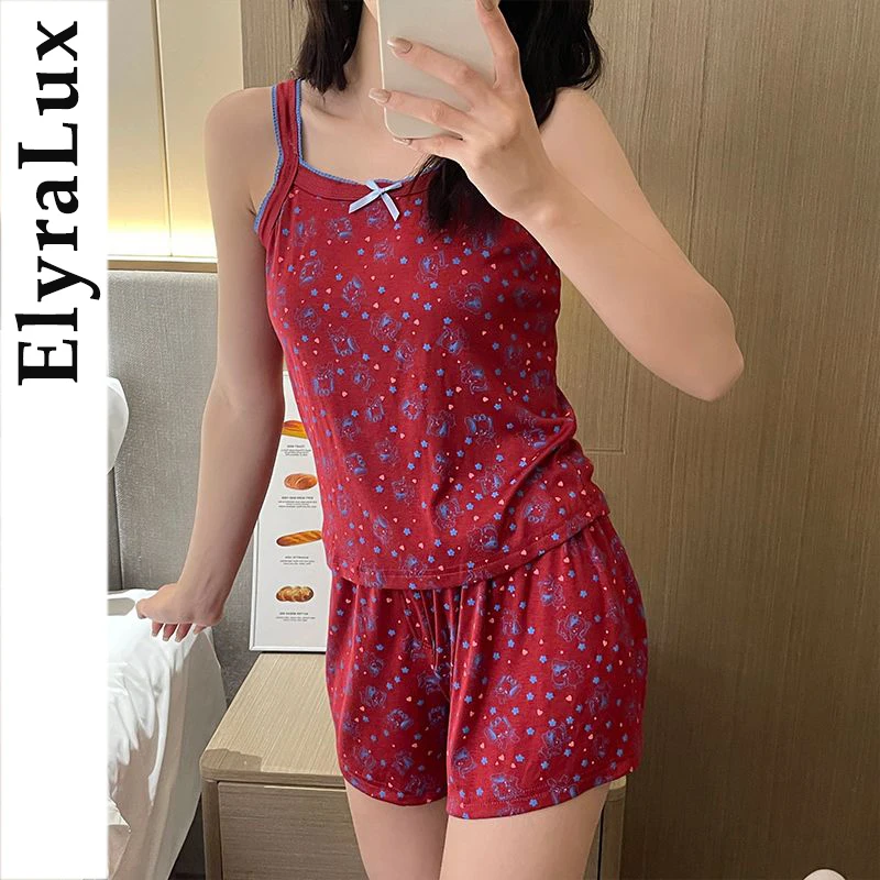 

ElyraLux Women's Summer Casual Pajama Comfortable Sleepwear Elephant Print Pure Desire Spaghetti Strap Modal Fabric Home Cloths