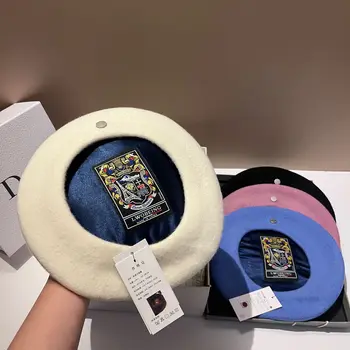 Lüks Marka Kadın Yün Bere Kış sıcak bere şapka Ünlü Ressam Şapka Çok Yönlü Bayan Kız Bereliler Düz Kap Keçe