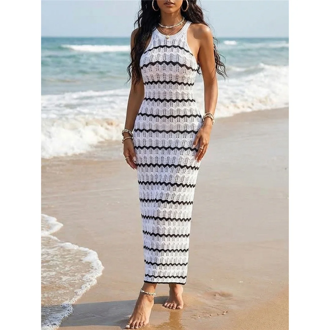 S - XL Neues gestreiftes, ärmelloses, gehäkeltes, gestricktes Tunikakleid, Strandkleid, Strandmode, Damen V8353 – Detail 7