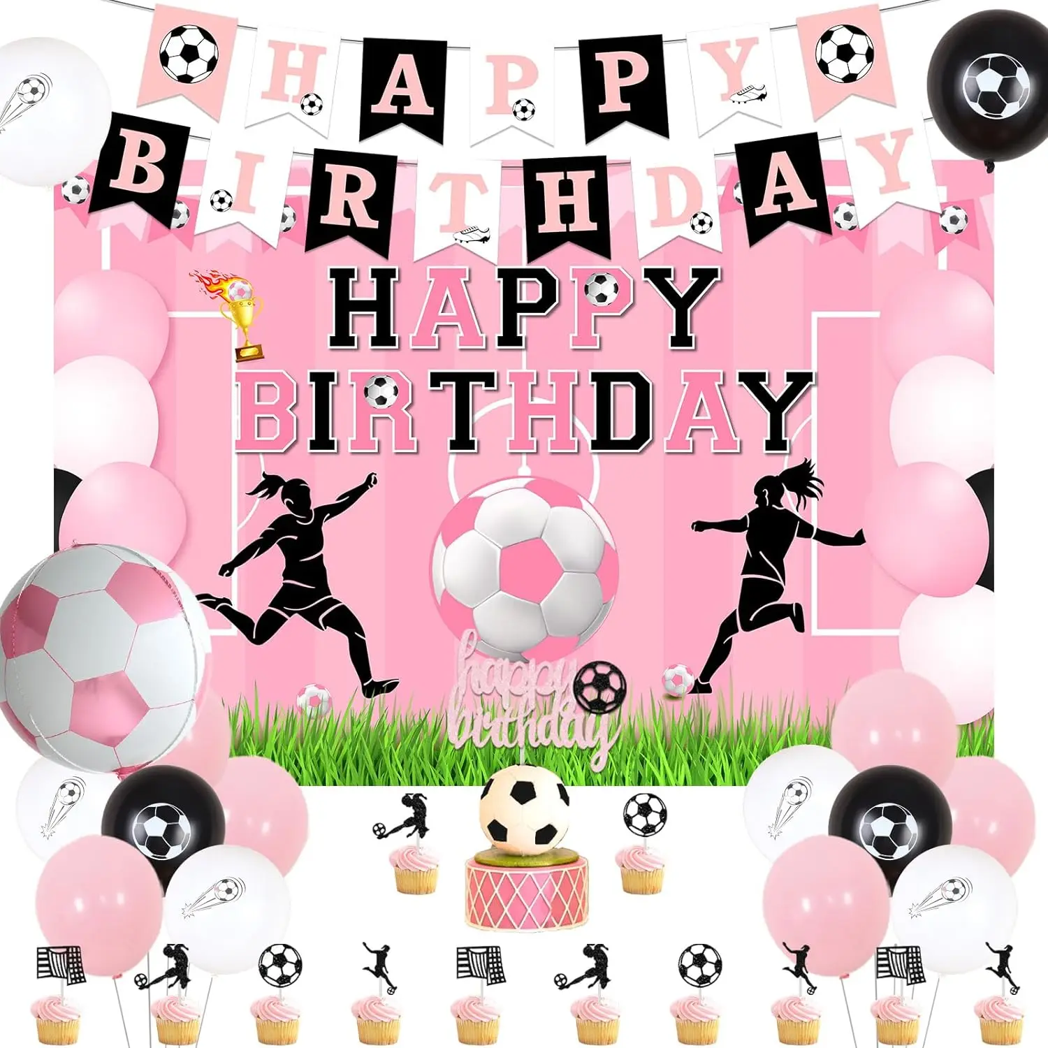 

Soccer Happy Birthday Decor Balloons Backdrop Banner Soccer Cake Cupcake Toppers Foil Balloons for Girl Sports Theme Party