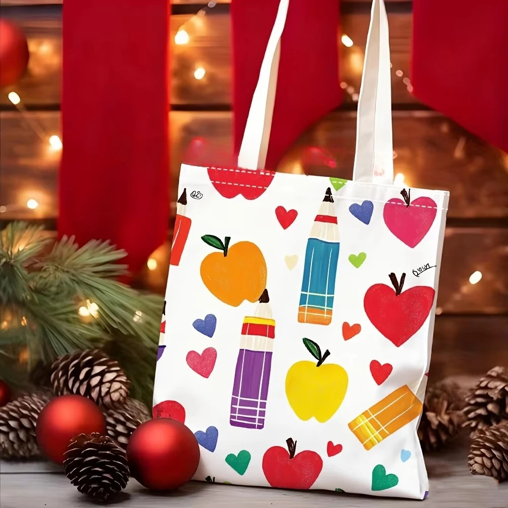 Cute and Colorful Canvas Bag, Lightweight and Foldable Handbag with Apple and Heart Stationery Patterns, Reusable Shopping Bag