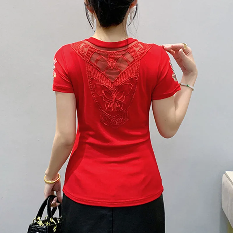 أسود، كوري، نمط، تي شيرت، أنيق، مثير، رقبة على شكل حرف V، مجوف، لامع، الماس، النساء، بلايز، كم قصير، قميص سفلي، تي شيرت، جديد، 522501