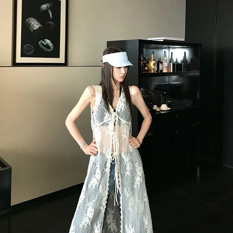 Abito con camicetta in pizzo albicocca Donna Estate Vacanza al mare Cardigan con lacci Moda coreana Harajuku Abiti senza maniche con scollo a V sexy