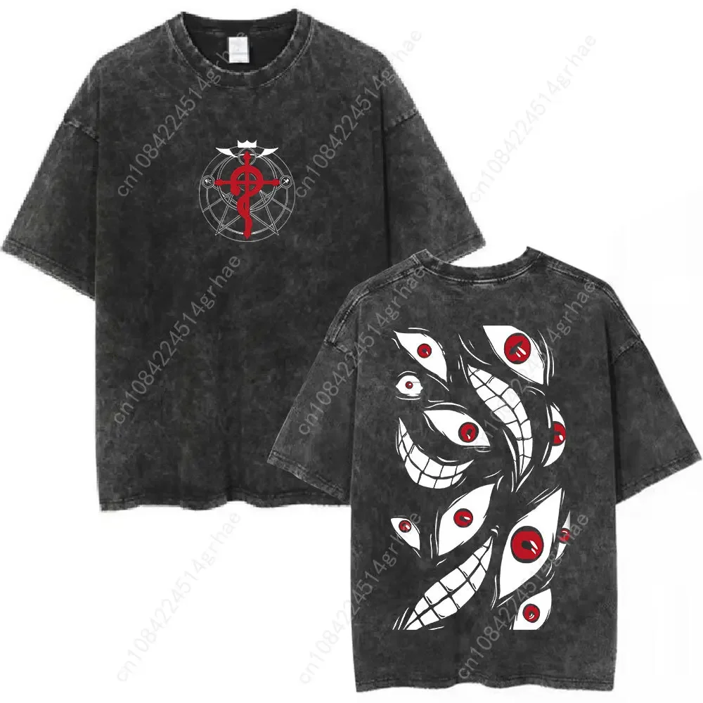 Anime Fullmetal Alchemist Washed T Shirts Edward Elric Alphonse Elric T-Shirt Men's Women Fashion Casual Oversized T-shirts Tops