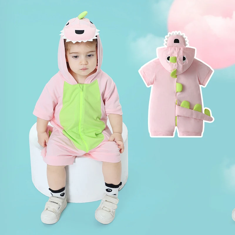 

Cute Dinosaur Infant Baby Clothes Boy Girl Romper Summer Short Sleeve Bodysuit Zipper Hooded Baby Onesie Newborn Jumpsuits Ropa