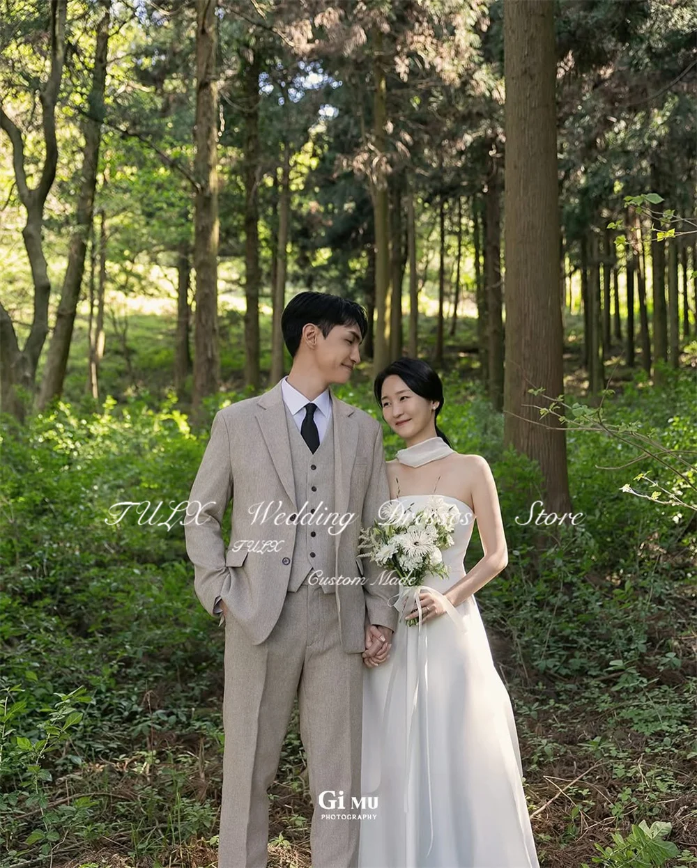 TULX Simple Ivory Korea Wedding Dress Photo Shoot Strapless Sleeveless Corset A line Long Bridal Gowns 웨딩드레스 Customized