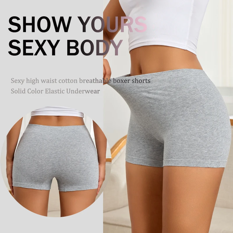 4PCS Women's Cotton Panties Solid Color Elastic Sports Boxers Shorts Underwear Seamless High Rise Breathable Lingerie Underpants