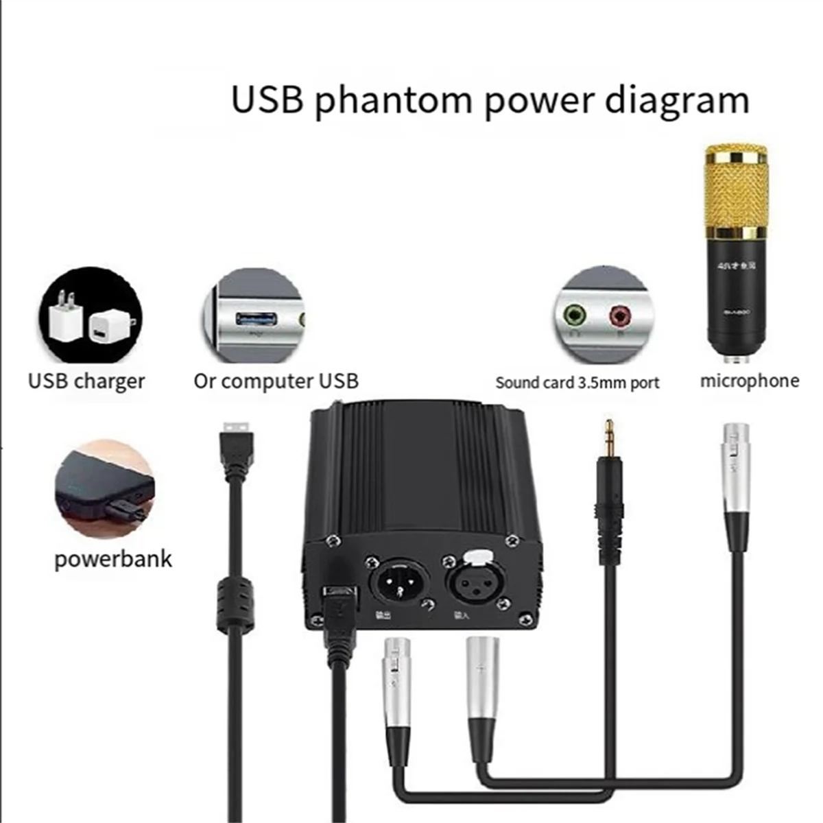 1-Channel 48V Phantom Power Supply with XLR 3 Pin Microphone Cable for Condenser Microphone Music Recording Equipment
