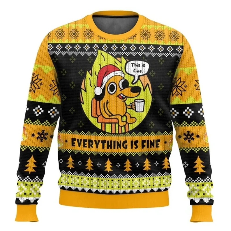 This Is Fine Meme-Pull de Noël en-ly pour hommes, pulls décontractés pour enfants, sweat-shirt graphique de chien drôle, cadeau de vacances de Noël, mode