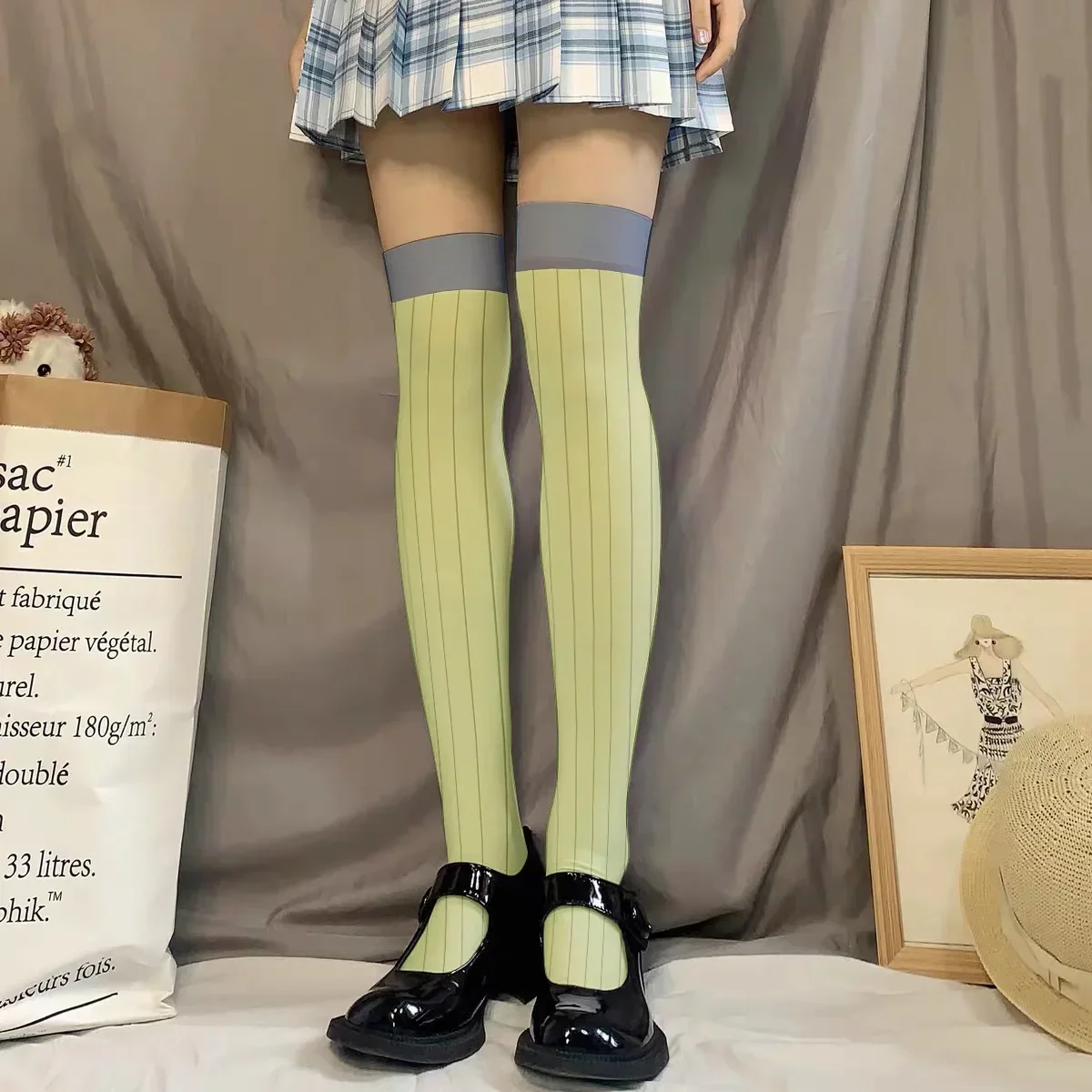 Kanroji Mitsuri 코스프레 오버 니 삭스 그린 스트라이프 스타킹 애니메이션 46cm 60cm 75cm 여성용 파티 의상 액세서리