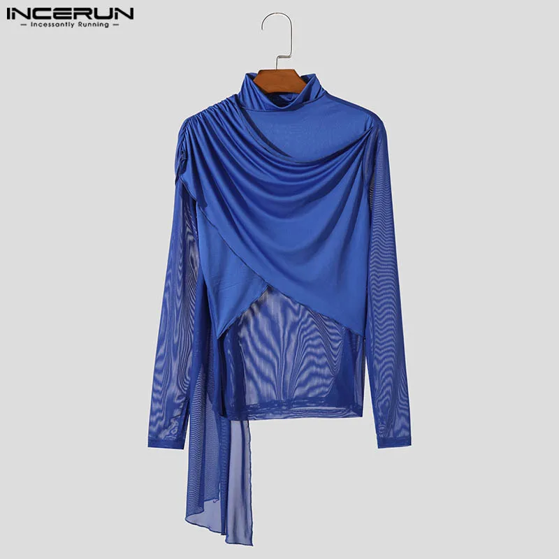 INCERUN Tops 2024 American Style Men\'s Cross Deconstruction Ribbon Design T-shirts Fashion Male Thin Long Sleeved Camiseta S-5XL