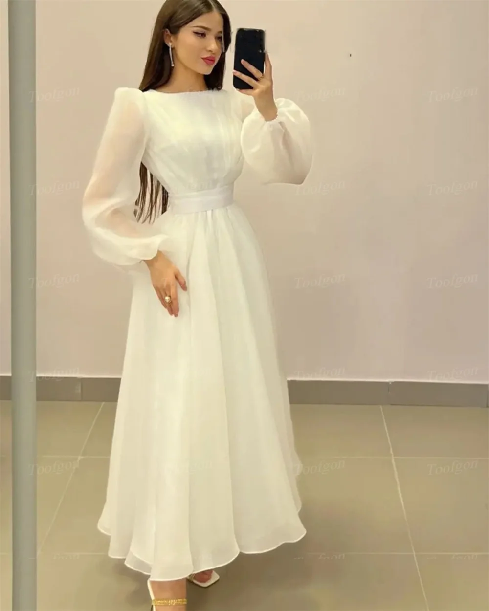 Toofgon A Line Organza Midi Bride Wedding Dresses Long Sleeves Bridal Gowns Ankle Length Boho Women Party Dress Robe de mariage