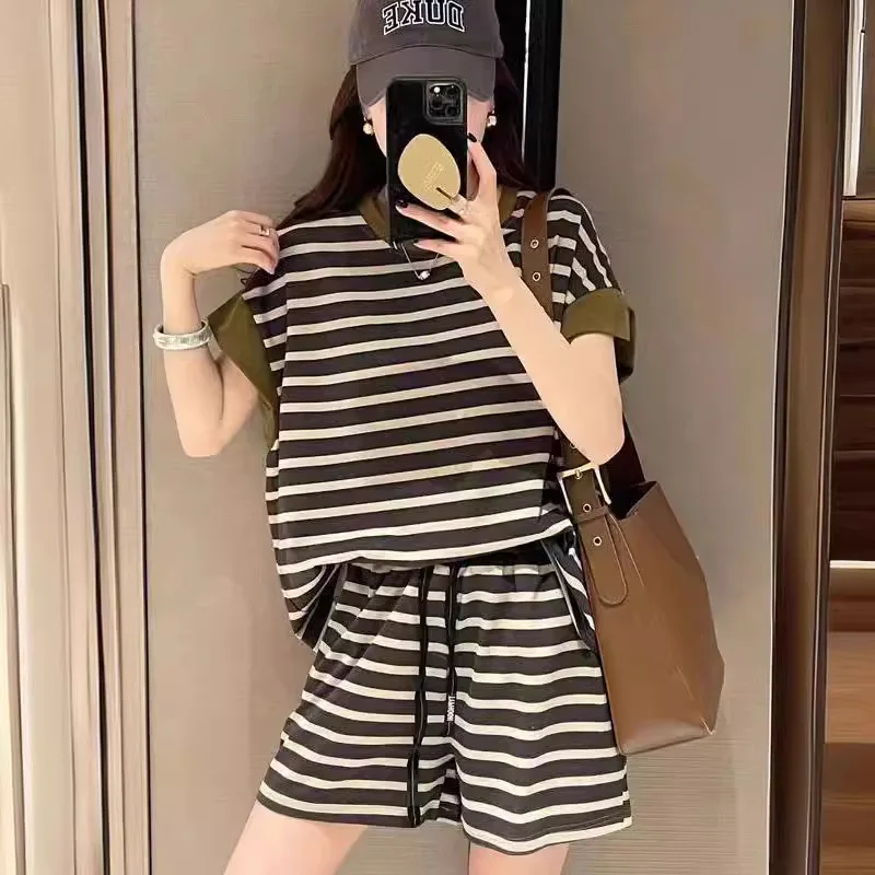 Women Striped Clothing Sets Short Sleeve T-shirt+Drawstring Shorts Two Pieces Suits Summer Loose Tracksuit Ladies Casual Outfits