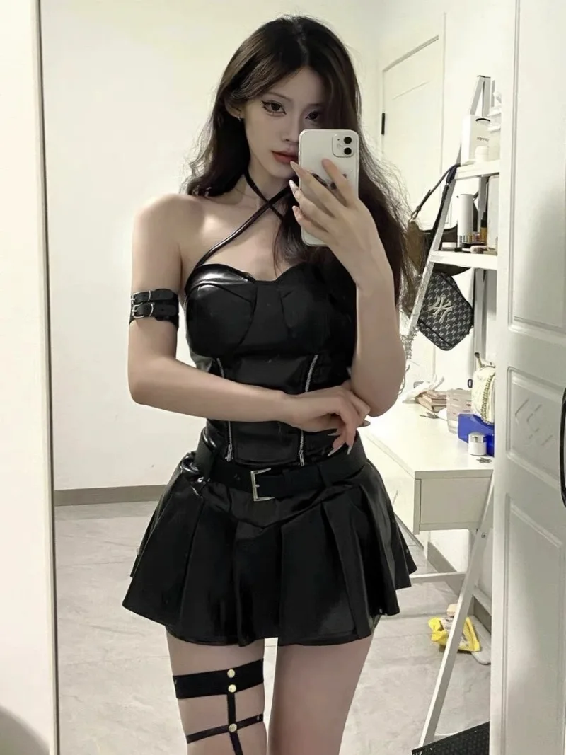 2024 Cool Black Sexy Slim Fit Strapless Tops Women+ Y2k E-Girl High Waist Ruched A-line Skirts Summer Leather Two Piece Sets