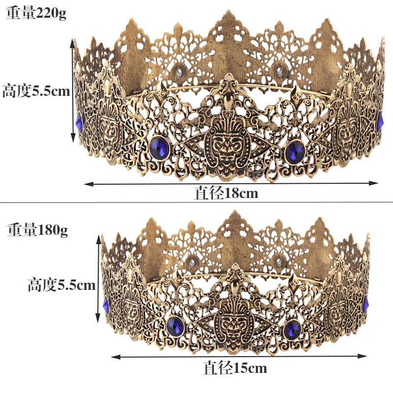 18cm Royal King Round Black Tiaras Men Red Rhinestone Big Medieval Crowns Boys Witch Pageant Diadem Costume European Headpieces