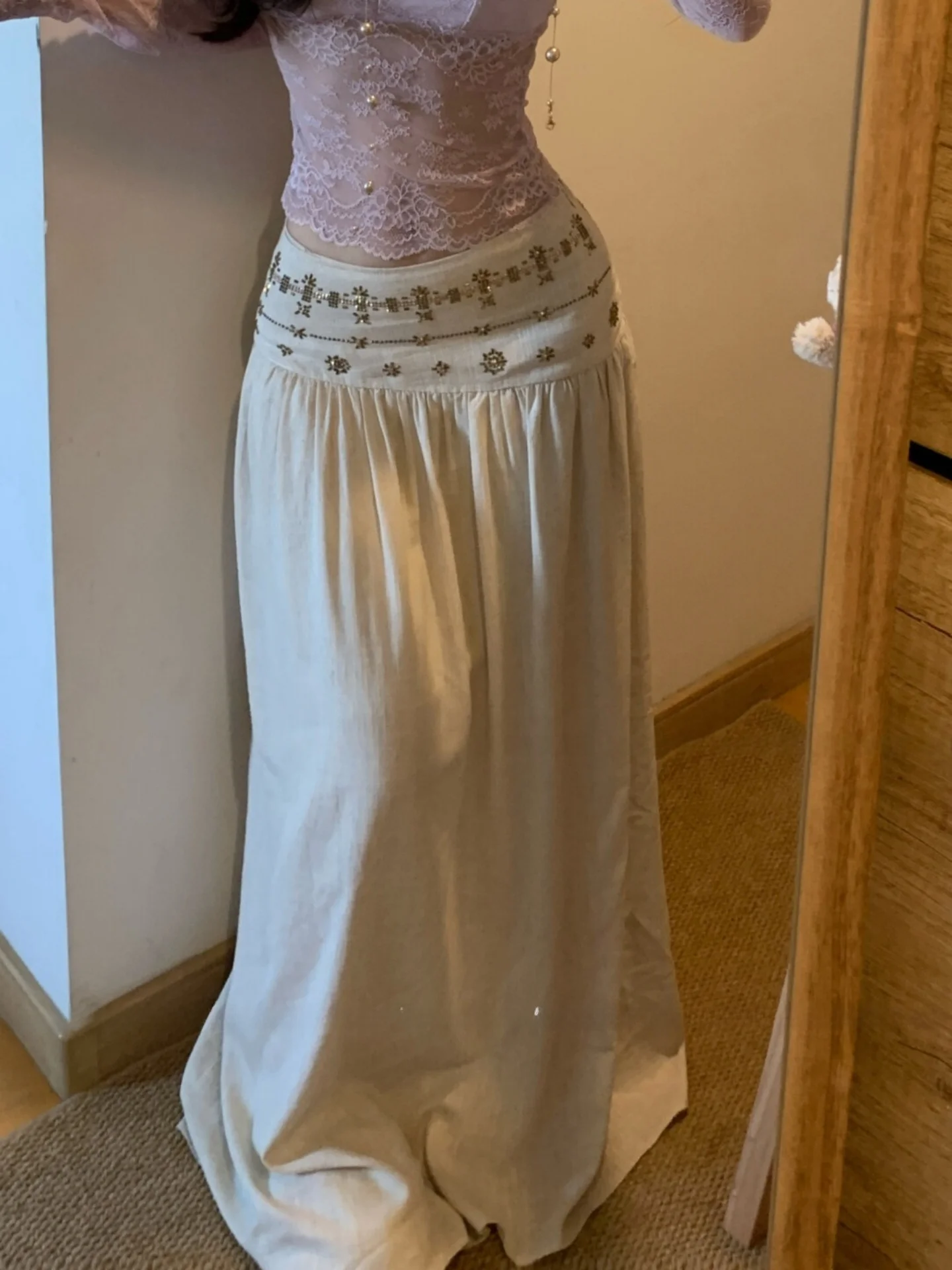 White Diamond Embedded High Waist A-Line Dress Women Summer Small Size Absolutely Beautiful Long Waist Cinching Skirt