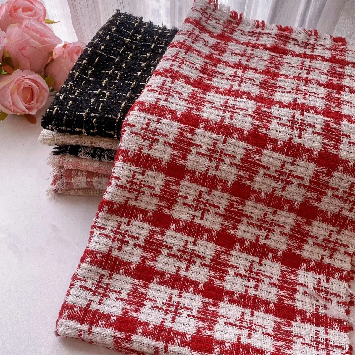 Tweed Fabric Plaid By The Meter for Clothes Coat Bags Bouquet Packaging Handmade Diy Sewing Cloth Gold Silver Wire White Black
