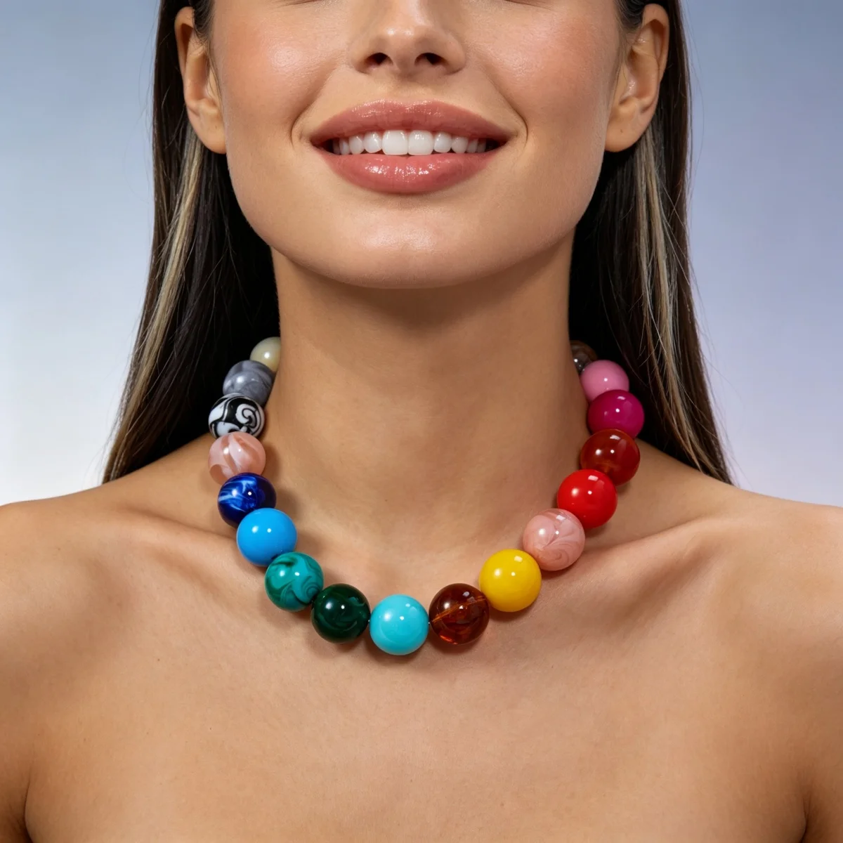 Modische bunte Acryl-Halskette mit großen runden Perlen für Damen und Herren, böhmische blaue braune Harzperlen, Choker, Y2K-Ästhetik-Schmuck – Detail 7