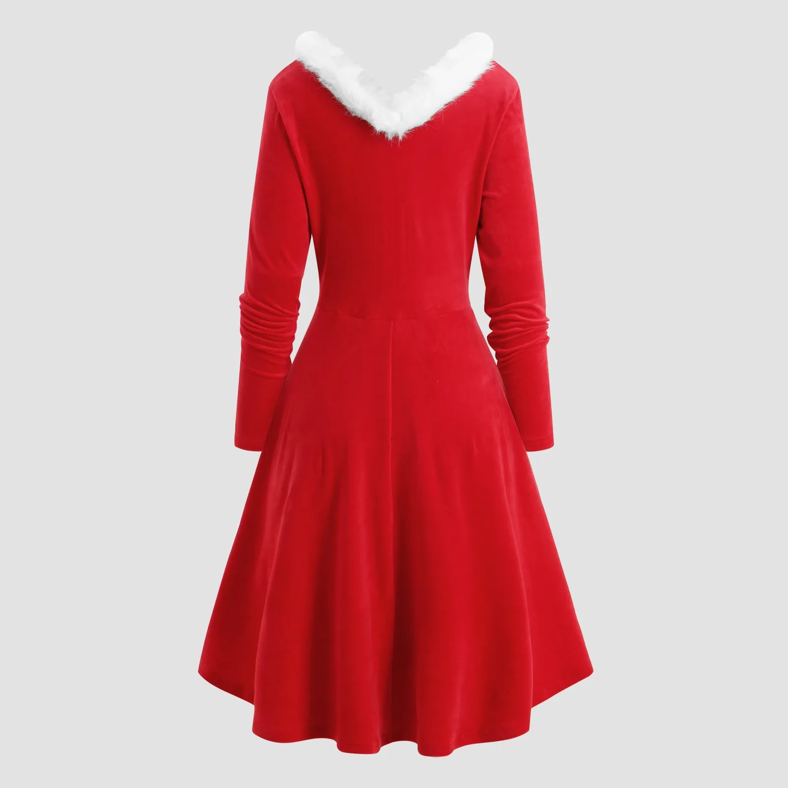 V-Neck Plush Christmas Red Dresses Women High Waist Long Sleeve Party Dress 2024 Elegant Ladies Santa Claus Christmas Costumes