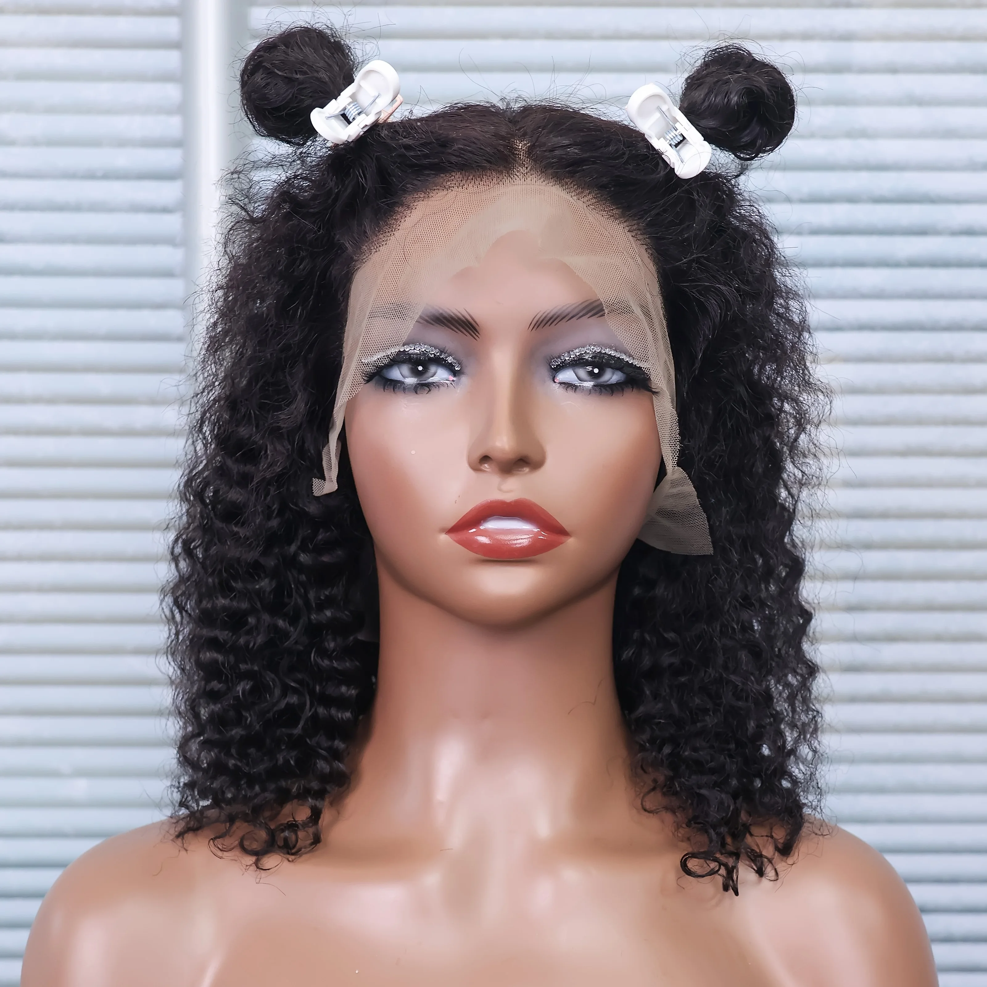 عميق مجعد قصير بوب شعر مستعار 13x4 الدانتيل الشفاف أمامي 200 الكثافة الطبيعية الأسود موجة المياه البرازيلي خصلات الشعر المستعار الإنسان للنساء