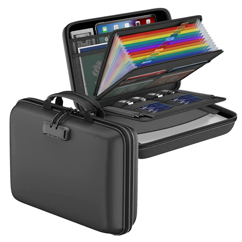 13 صندوق مستندات مقاوم للحريق بجيب أكورديون، حقيبة ملفات مقاومة للماء (أسود) #5