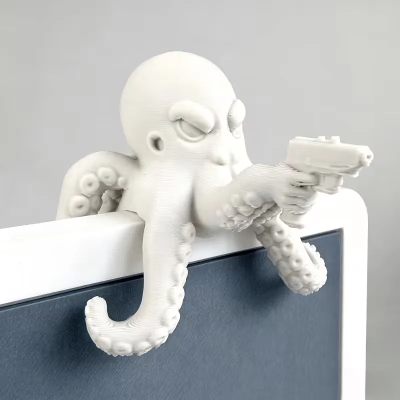 3D Printed White Funny Octopus Monitor Figurine Angry Octopus Sculpture Creative Computer Screen Decor Unique Desk Ornament
