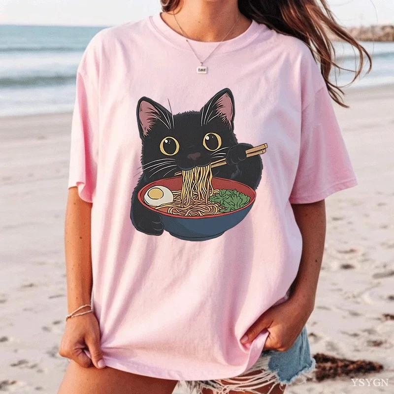 Noodle Ramen Cat Shirt Teen Pop Culture Graphic Comfortable Gothic Vintage Classic T-shirt Women 80s Comfortable 2000s Kawaii