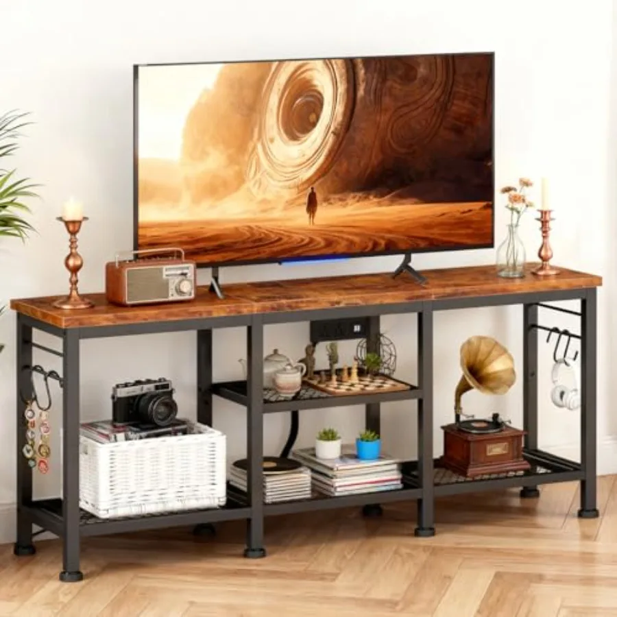 

Rustic Wood TV Stand with Charging Station for TVs up to 55 Inch 3-Tier Storage Shelves Modern Media Console Table with 4 Hooks