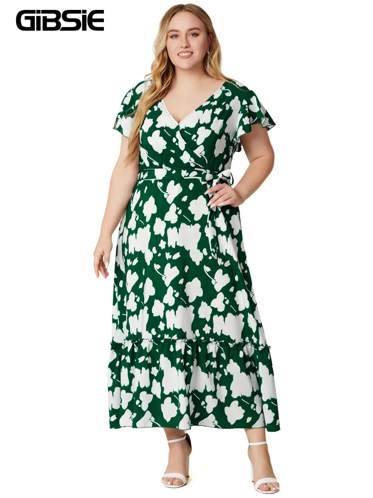 

GIBSIE Plus Size Surplice Neck Butterfly Sleeve Belted Print Dress Summer Women Vacation Beach Boho Ruffles Maxi Long Dresses