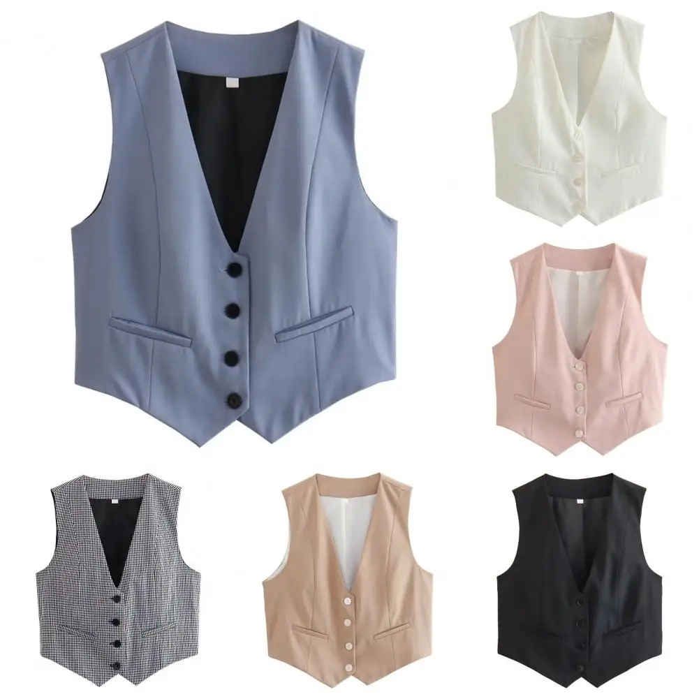 Women Short Vest Elegant V-neck Office Vest for Women Formal Single-breasted Waistcoat Solid Color Stylish Ol Commute Cardigan