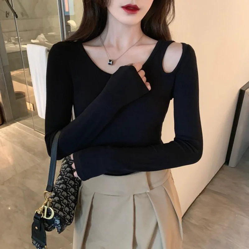 تصميم المتخصصة تي شيرت جديد 2025 ربيع الخريف الأسود الجوف مثير قاع خارج الكتف طويلة الأكمام سليم الأعلى للنساء #3