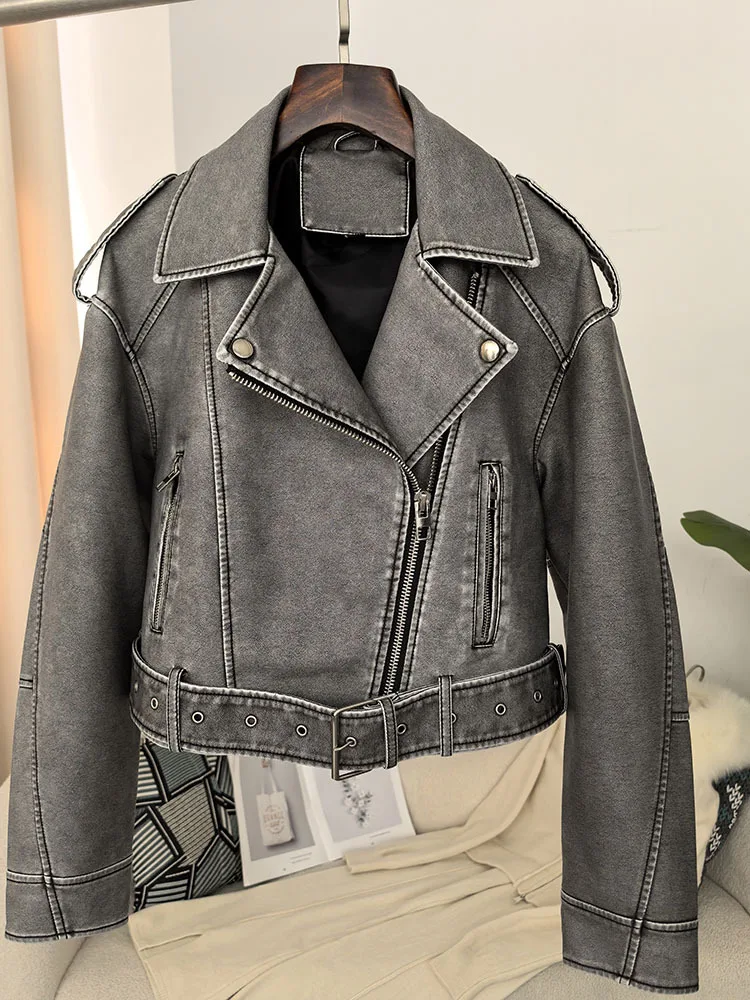 ZMEENNA Womens kunstleer jas bijgesneden asymmetrische zip-up jas klassieke groene klinknagel gordel punk bovenkleding ZM3367