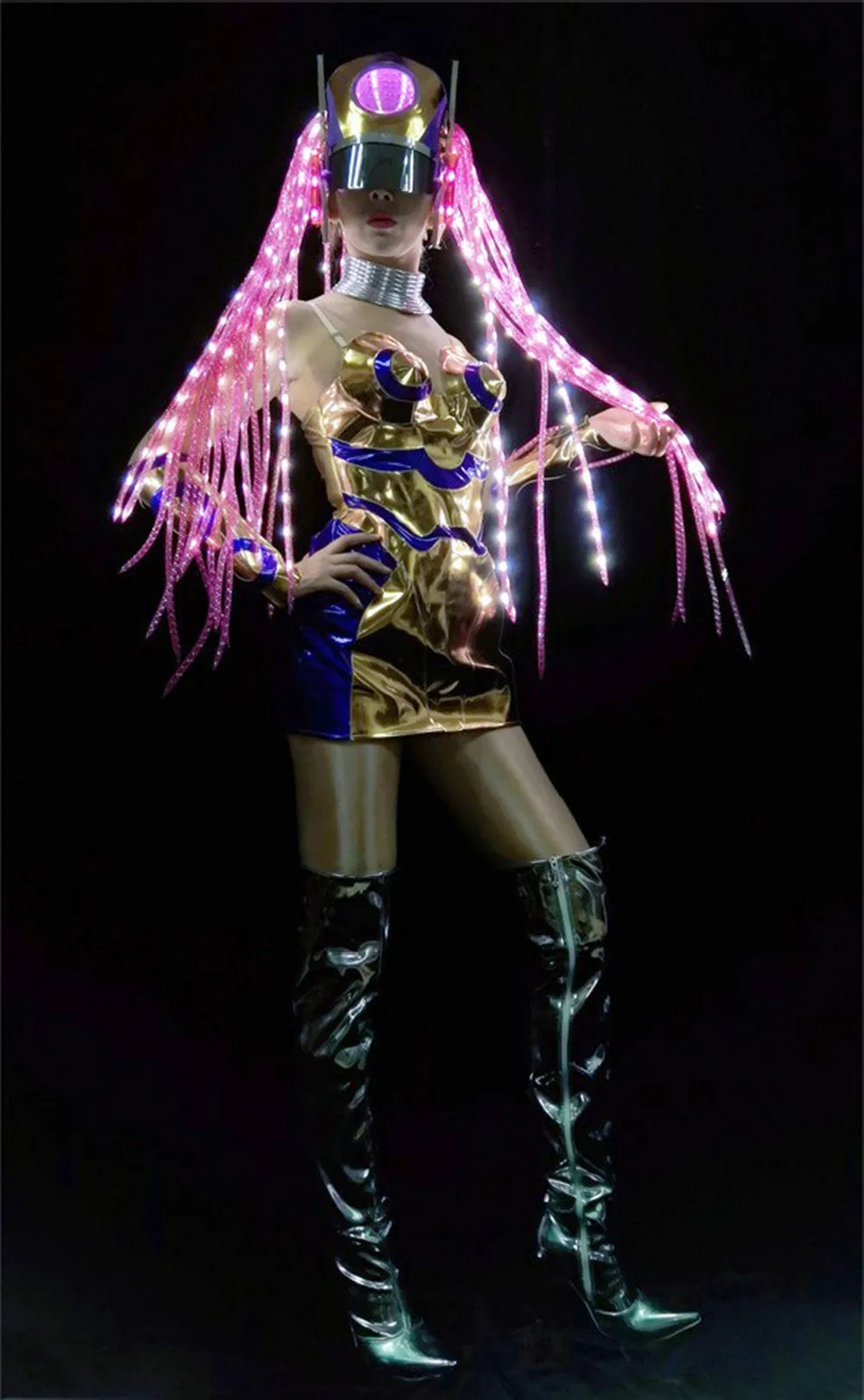 Technologie Sense LED chapeaux Punk or robe à épaules dénudées discothèque Gogo danse vêtements Drag Queen Costume Rave tenue yj414