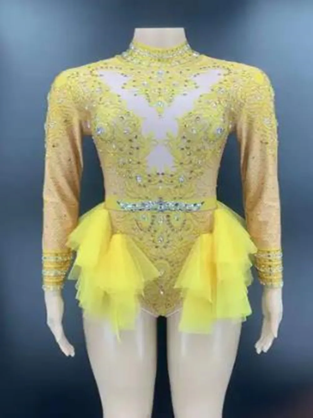 Sparkly Rhinestones Bodysuit Women Long Sleeve Club Outfit Dance Costume Sexy Show Performance Stage Wear Yellow Dress