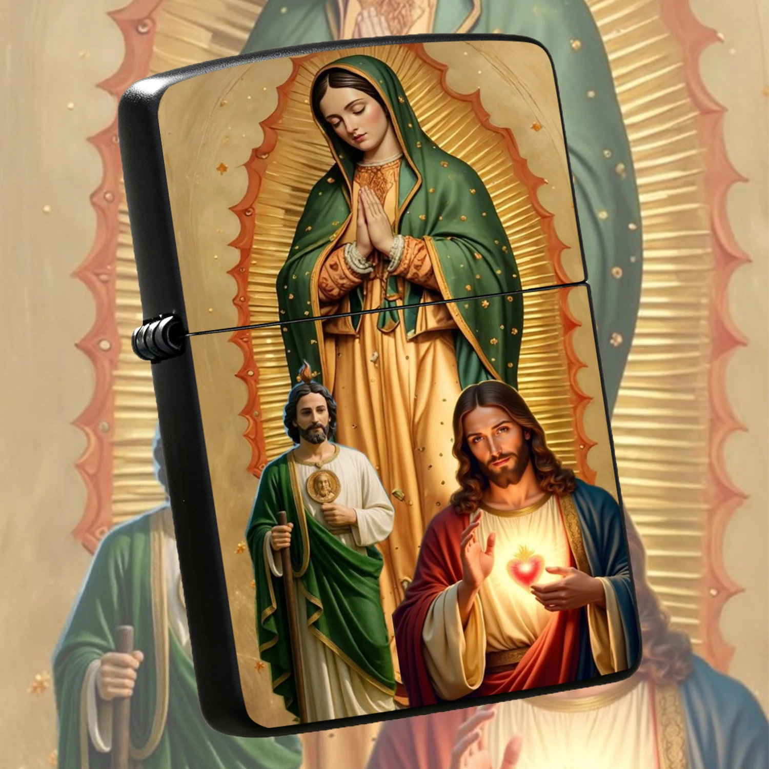 Vintage Religious Themed Windproof, Printed With Our Lady Of Guadalupe, Saint Jude And Sacred Heart Of Jesus, Portable All-, Faith Keepsake, Ideal For Daily Use, Devotional Gift And Personal Collectible For Religious Believers A Fun And Hum