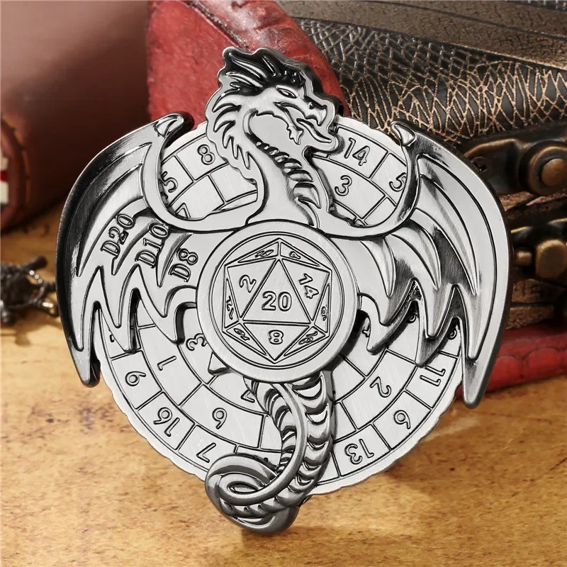 

7-in-1 Dragon Shape Metal Dice Fingertip Spinner D4/D6/D8/D10/D12/D20 Turnable Roulette Wheel for RPG Game Storage Gift Box