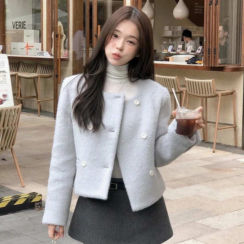 Chic décontracté laine Jaet femme Double boutonnage coton doublé ort haut Thiened Long Sve rond Ne couleur Pure trajet