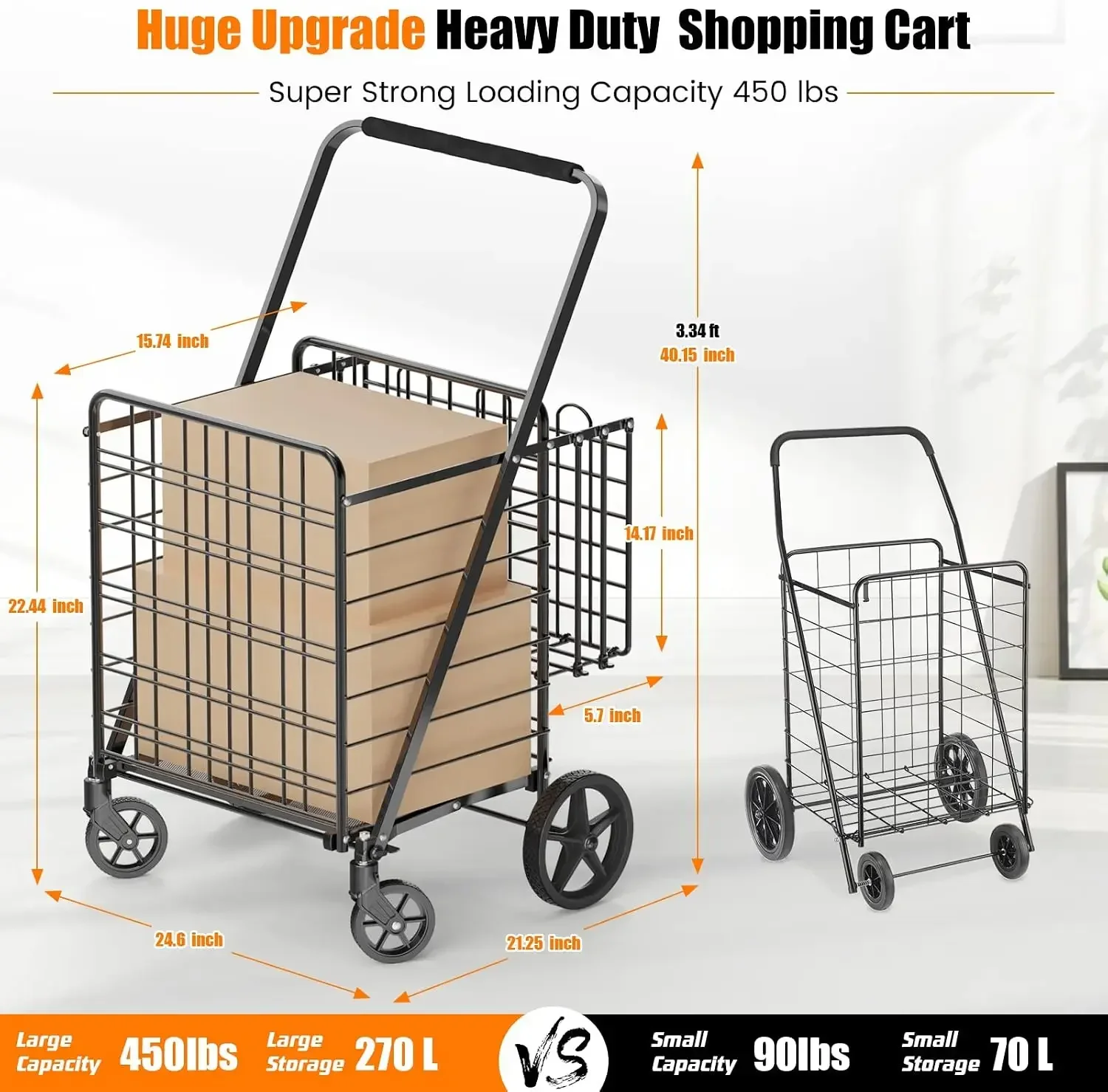 US Shipping 455lbs Shopping Cart for Groceries, Large Heavy Duty Grocery Cart on Wheels | Folding Dual Basket Utility Carts