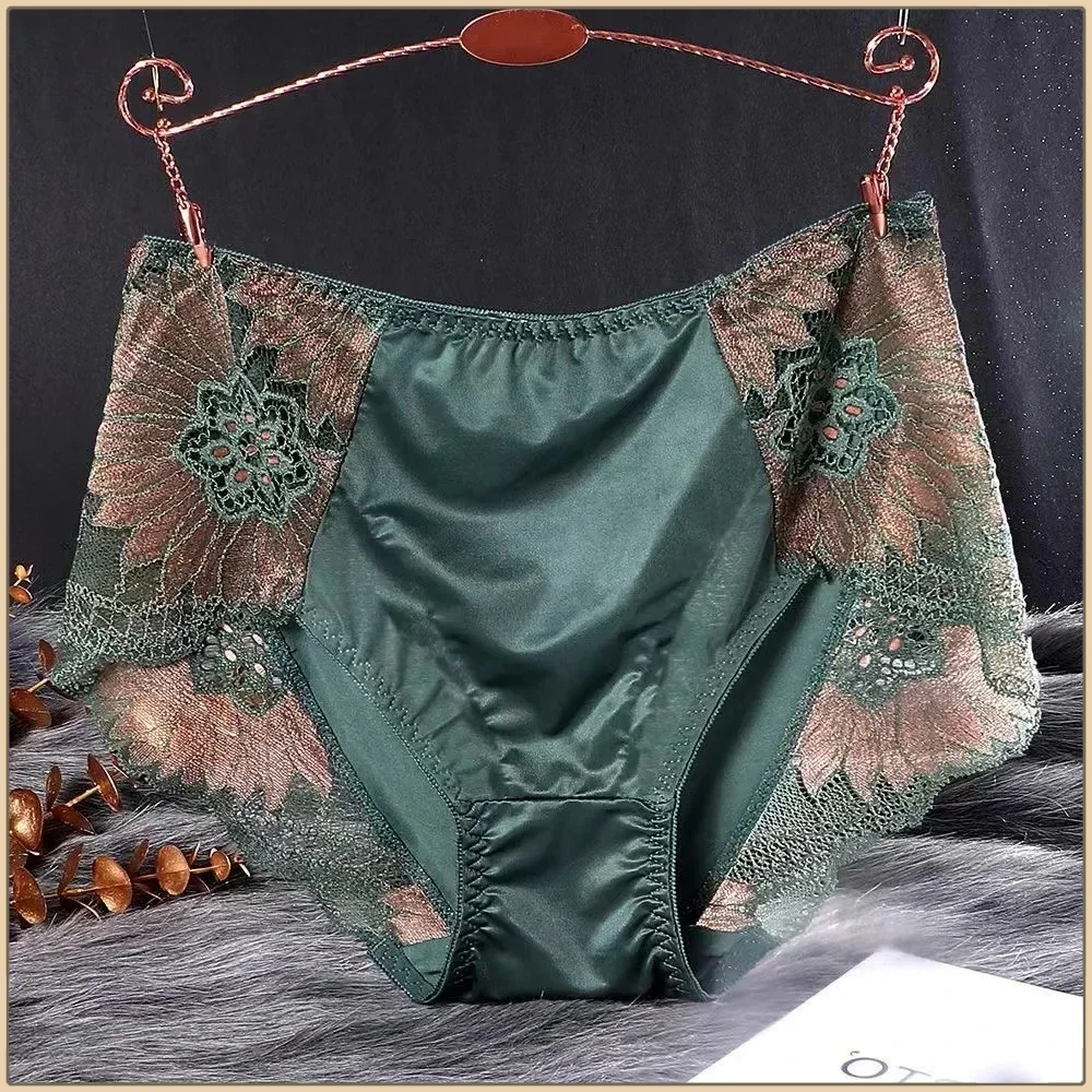 

Luxury Lace Underwear High Waisted Silk Panties Comfortable Breathable Triangle Underwear Stretchy Shiny Lingerie Ladies Briefs