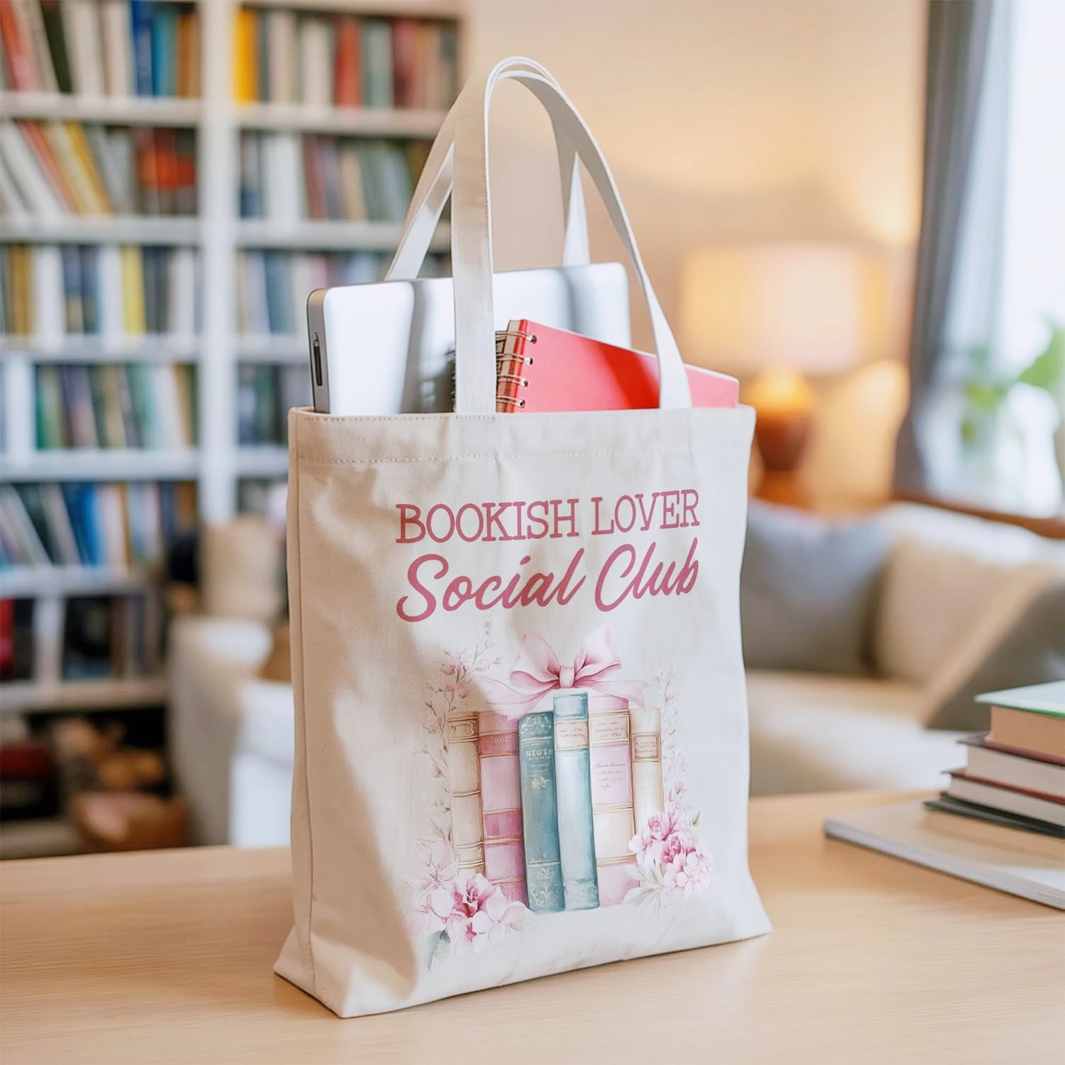 

Book Friends' Social Club Canvas Handbag Women's Flower Bow Printed Single Shoulder Reading Handbag Suitable for Daily Commuting