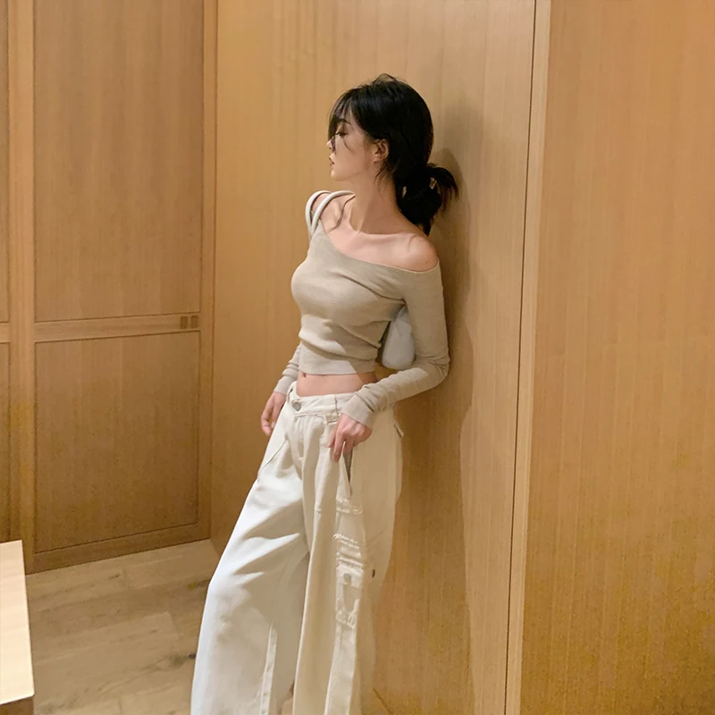 

Zhaoluiu 4-Color Silk Wool Thin oulder Bared Long Sve Knitted Top Women's Casual Fit Regular Length Overhead Knitted S...