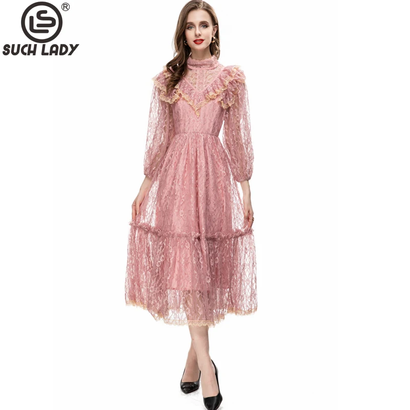 

Women's Runway Dresses Stand Collar Long Sleeves Ruffles Lace Elegant High Street Casual Designer Vestidos