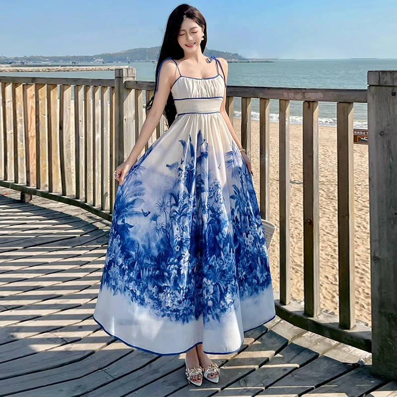 

Coigarsam Women Beach Dress Office Lady Solid Spaghetti Strap High Waist Dresses