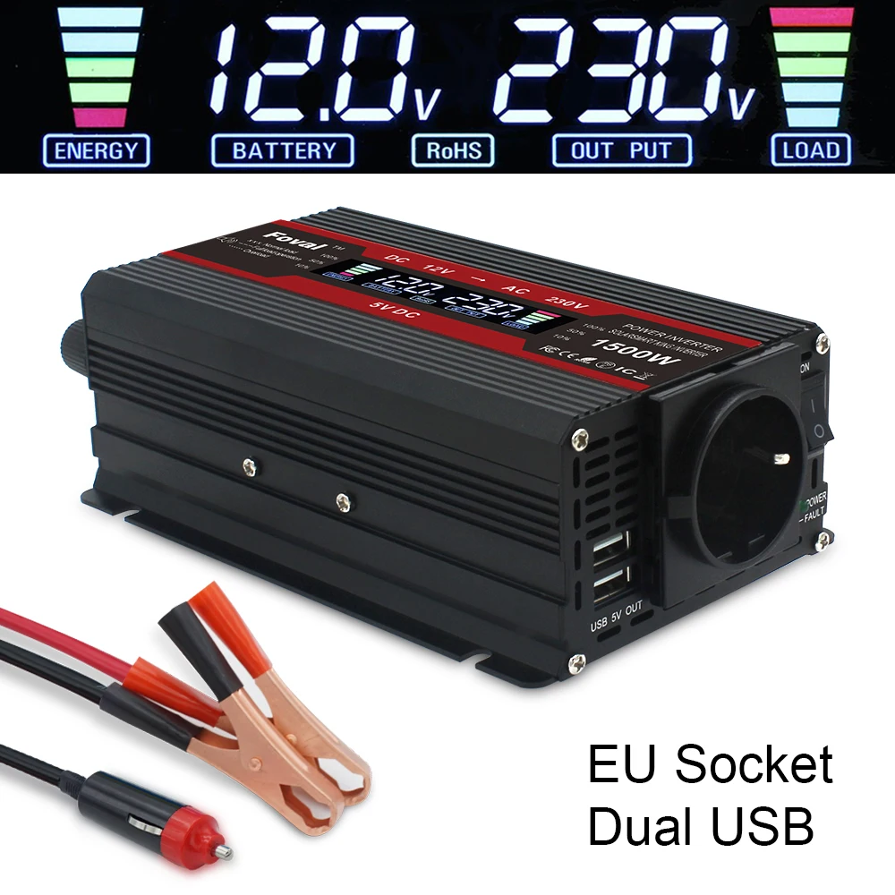 Inverter DC 12V/24V To AC 230V 1500W/2000W/2600W Peak LCD Display Home/Car Modified Sine Wave Solar 2 USB EU Plug Power Inverter