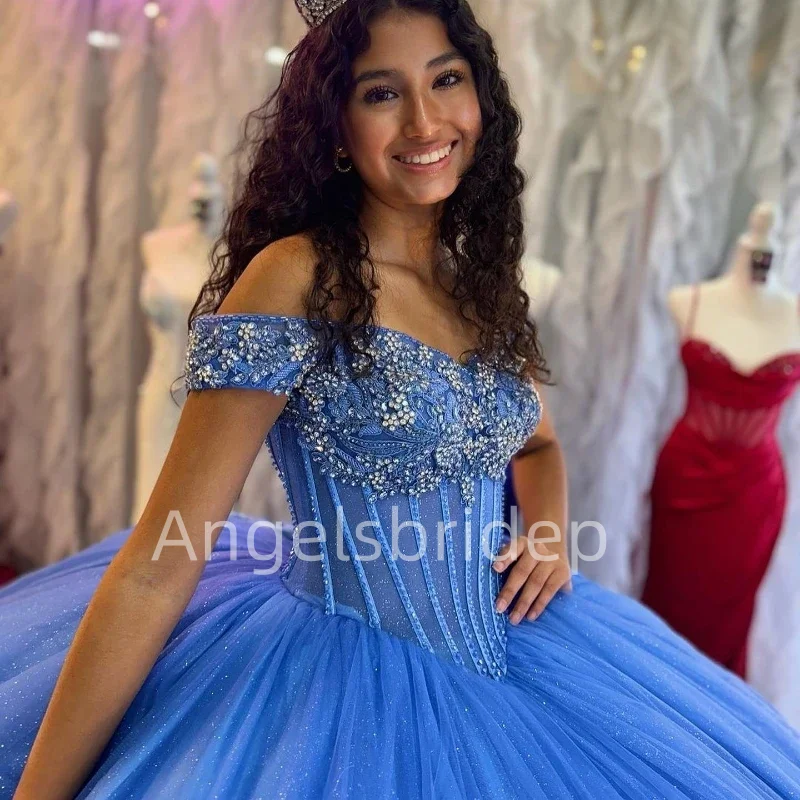 Angelsbride Shiny Blue Princess Quinceanera Dresses Crystal Tull Ball Gown 16th Birthday Gowns Sweet 16 Vestidos De 15 Años