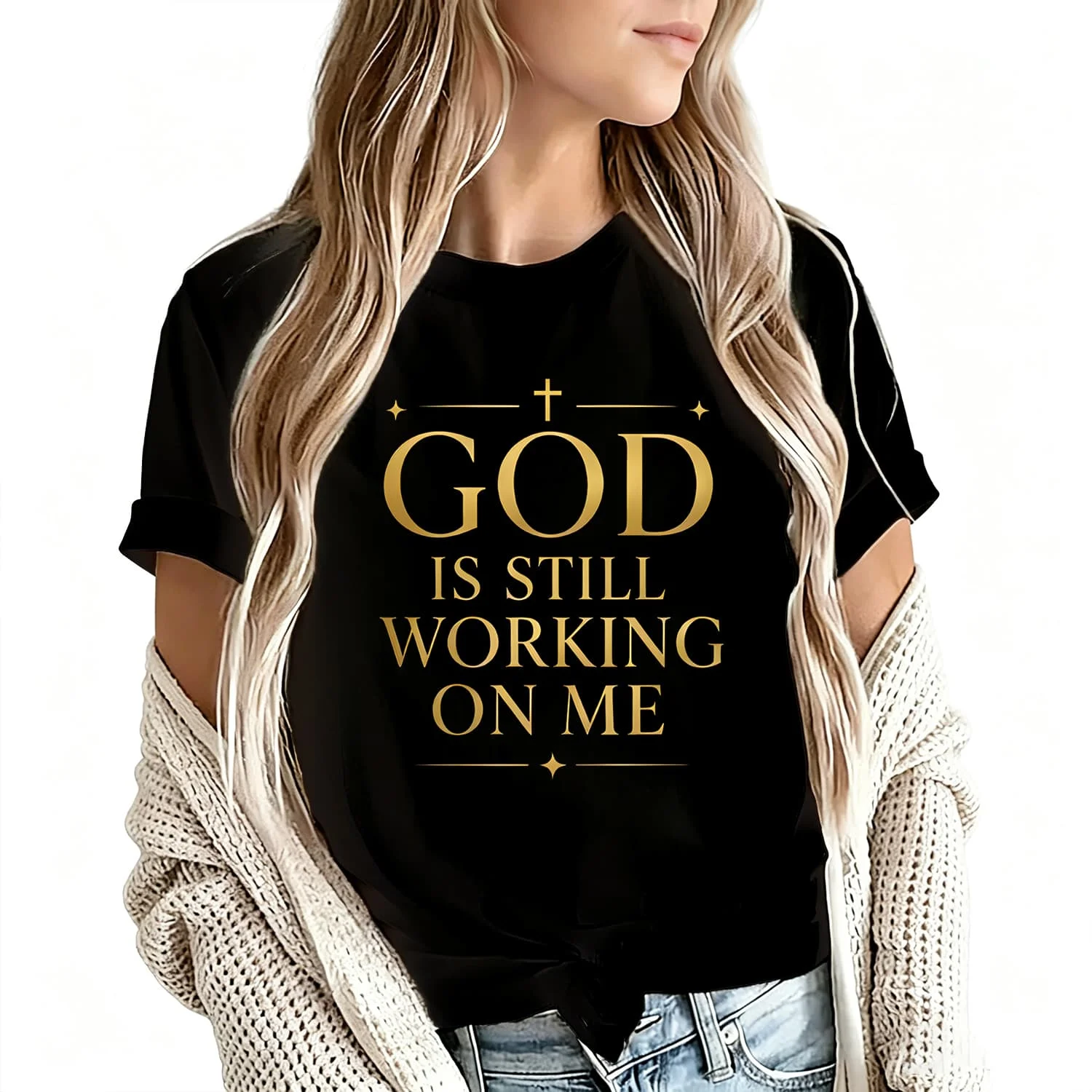 God Working on Me Golden Letter Women's T-Shirt 100% Cotton Funny Graphic Short Sleeve Tee Novelty Shirt Casual Crew Neck Top S-5Xl