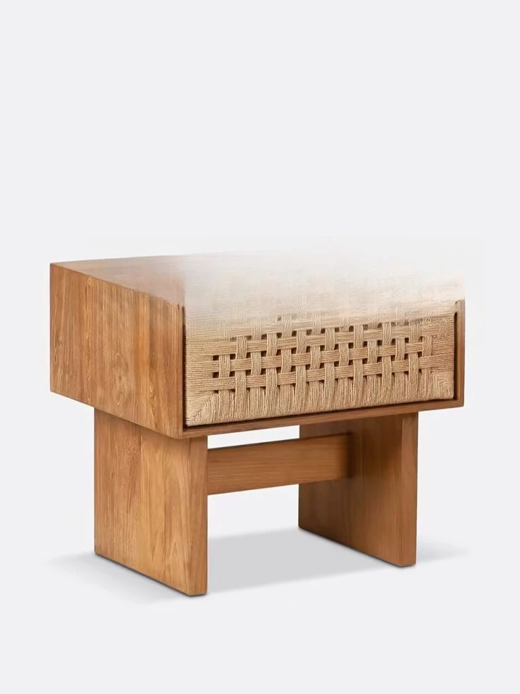 

Medieval Silent Style, French rattan bedside table, oak solid wood, simple drawer storage cabinet