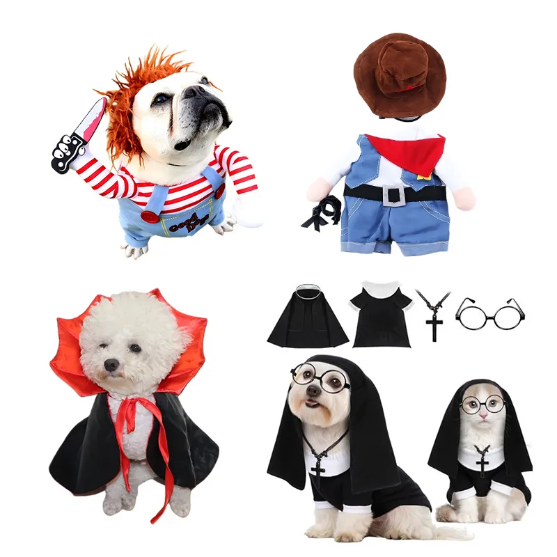 Cowboy Transformable Pet Costume Funny Cat Cosplay Outfit with Hat Halloween Christmas Party Dress Up Clothes for Small Medium