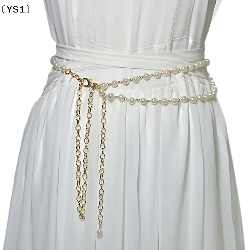 〔YS1〕Women Imitation Pearl Belts Alloy Chain Belts White Imitation Pearl Chain Women Clothing Accessories